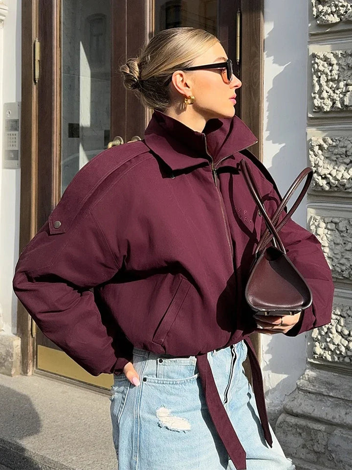 Damen- Kurze jacke in Uni-Farbe |  Hoher Kragen
