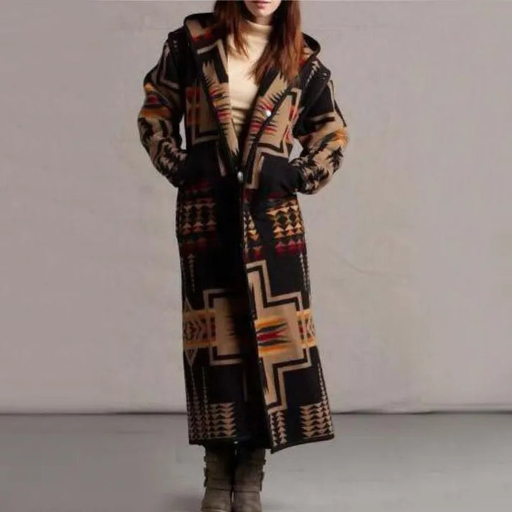 Damen-Boho-Druck Langmantel mit Fronttasche | Warme