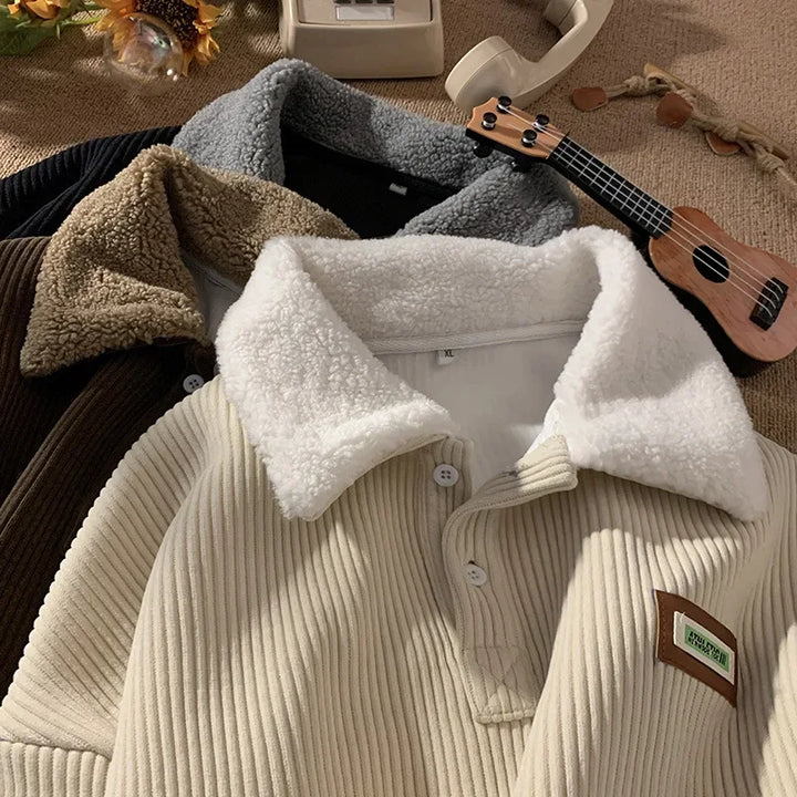Oversized cord-pullover mit fleecekragen