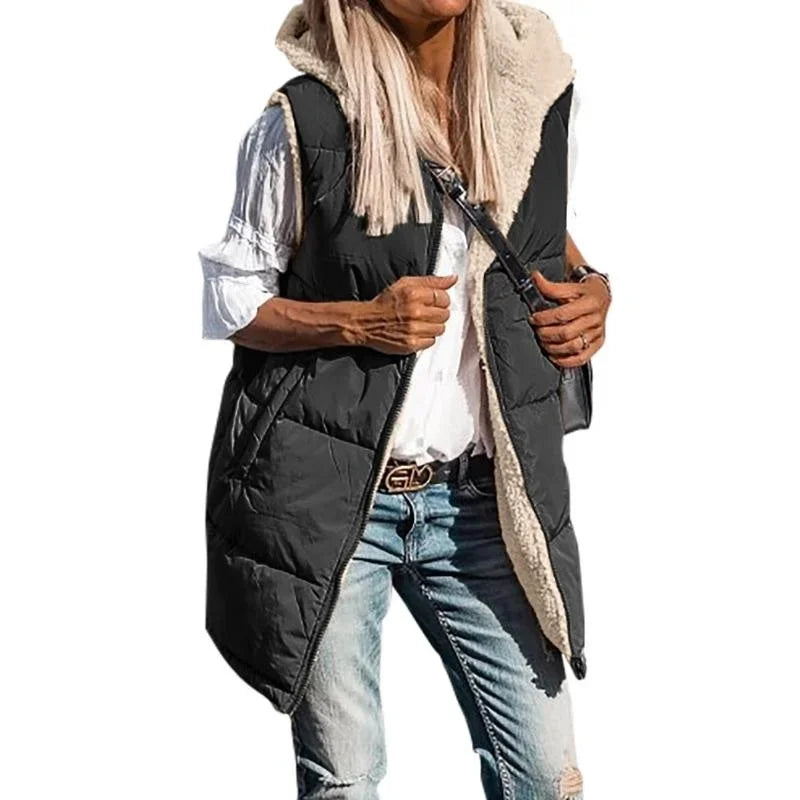 Damen Lange Warme Puffer Weste | Kapuze