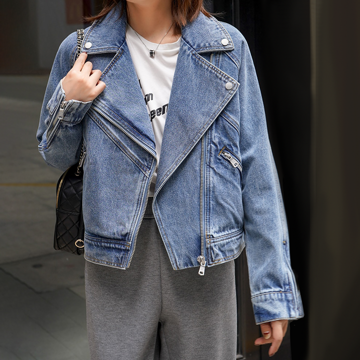 Damen Modische Jeansjacke mit Reißverschluss | Weinlese