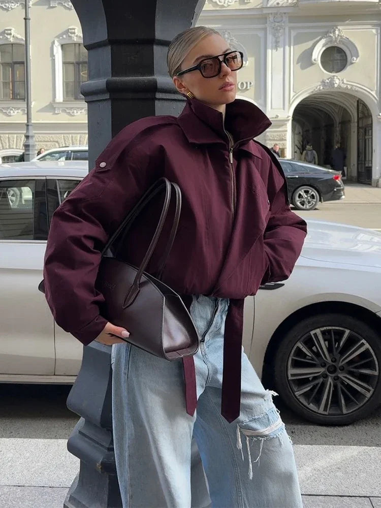 Damen- Kurze jacke in Uni-Farbe |  Hoher Kragen