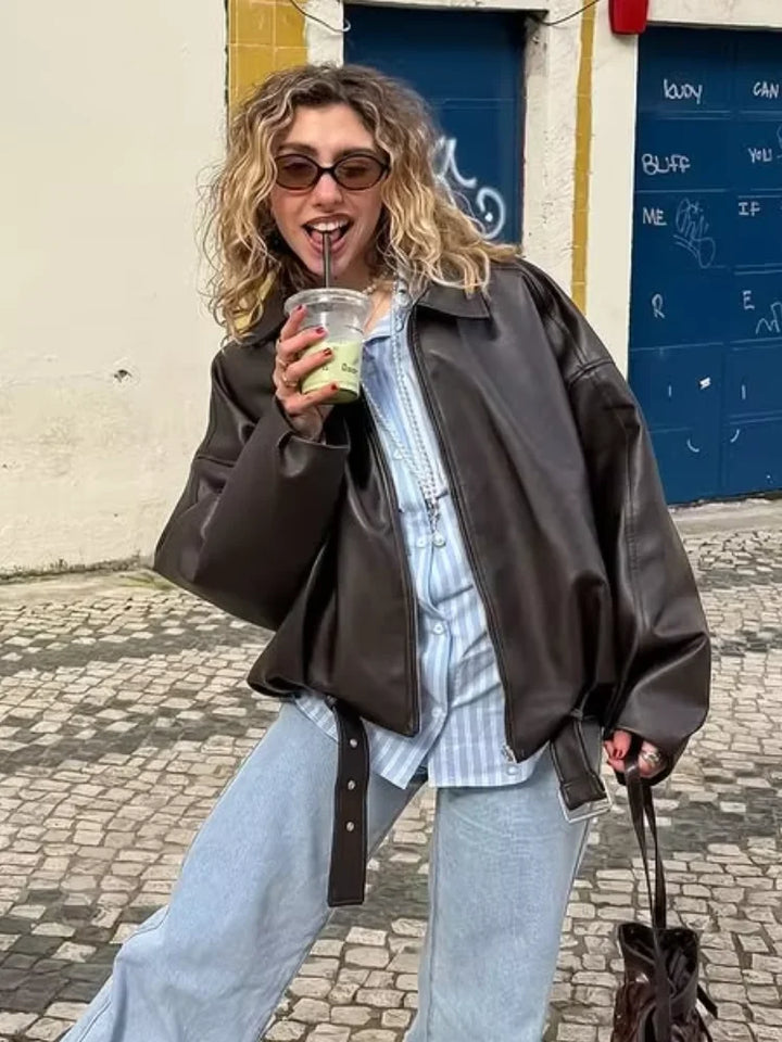 Damen Lässige Herbst-Motorradjacke | Reißverschluss
