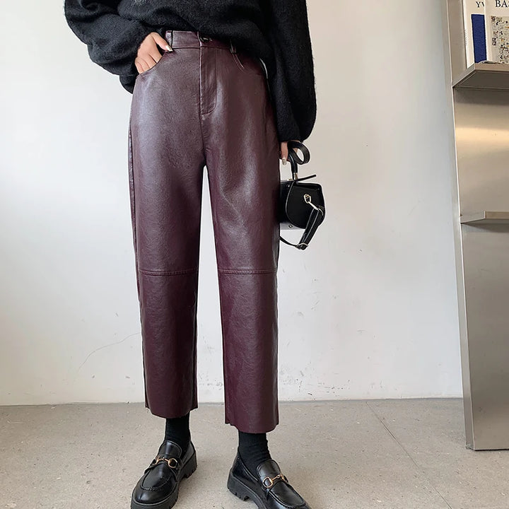Lockere elegante high-waist-hose im lederlook