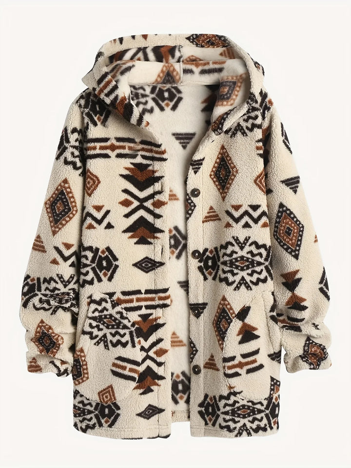 Fleece Jacke mit Azteken-Muster für Damen | Lang