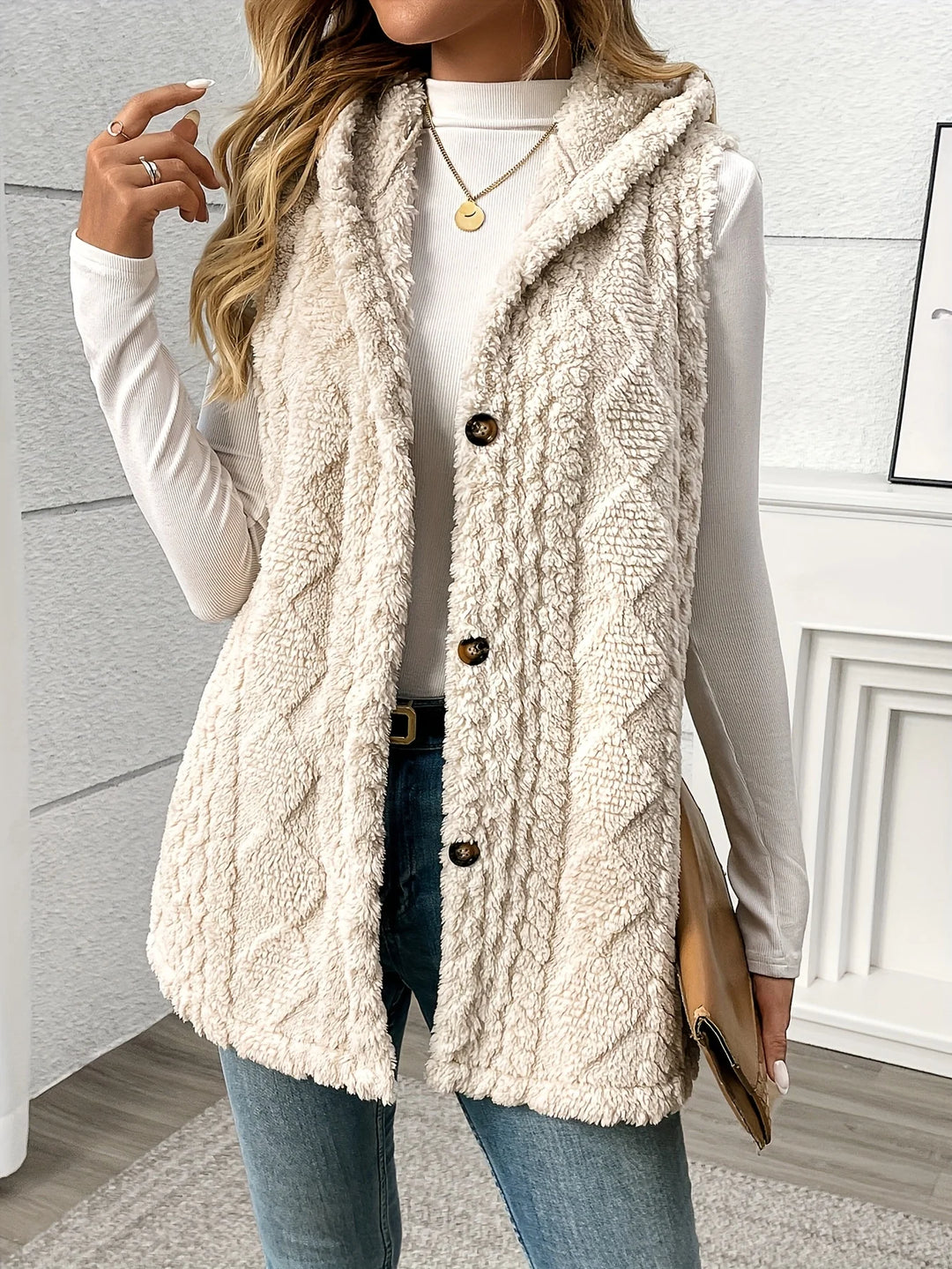Damen Strick Kapuzen Fleece Jacke | Ärmellos