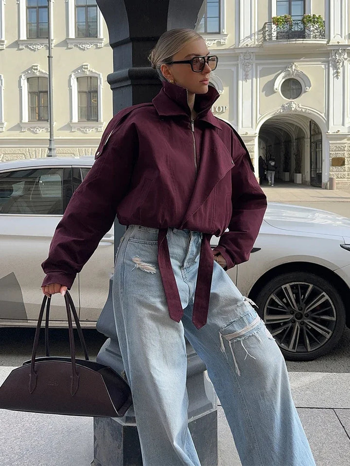 Damen- Kurze jacke in Uni-Farbe |  Hoher Kragen