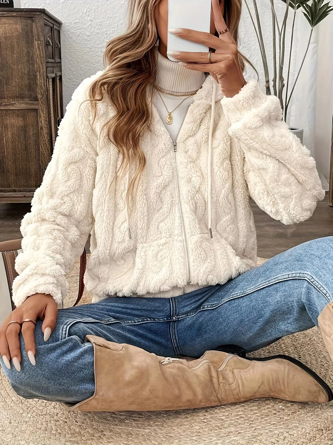 Fleece Jacke mit Kapuze für Damen | Mit Reißverschluss