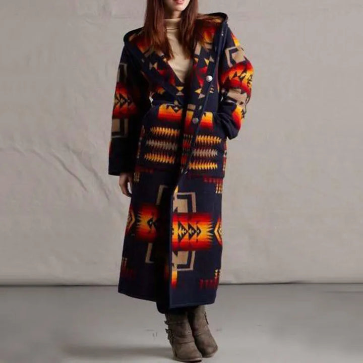 Damen-Boho-Druck Langmantel mit Fronttasche | Warme