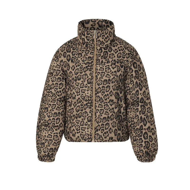 Damen-Steppjacke mit Leopardenmuster | Stehkragen