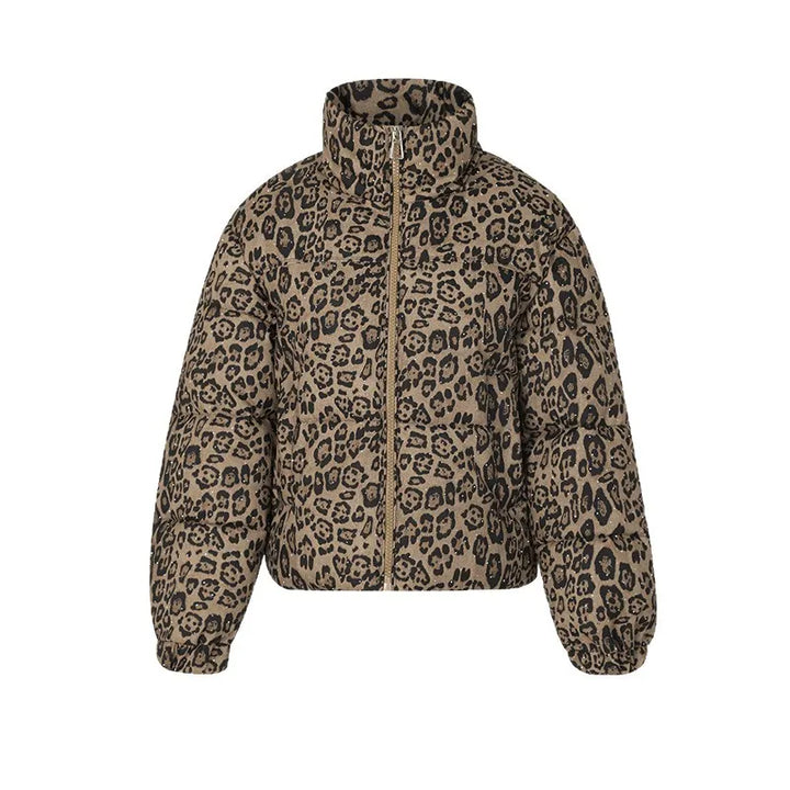 Damen-Steppjacke mit Leopardenmuster | Stehkragen