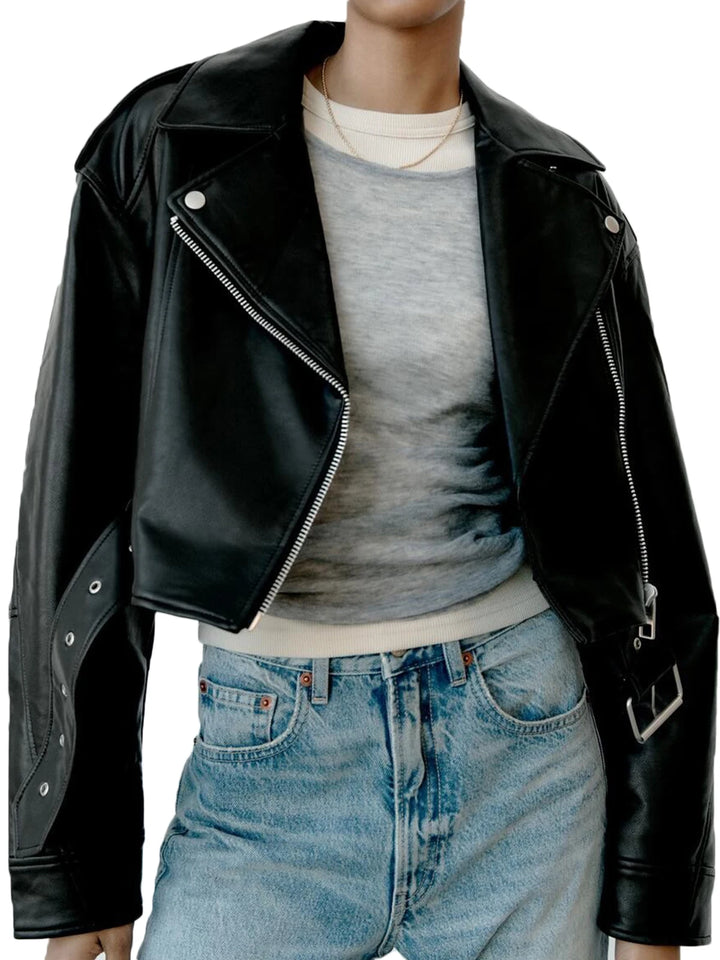Kurze Motorradjacke mit Revers und Reißverschluss für Damen | Stilvoll