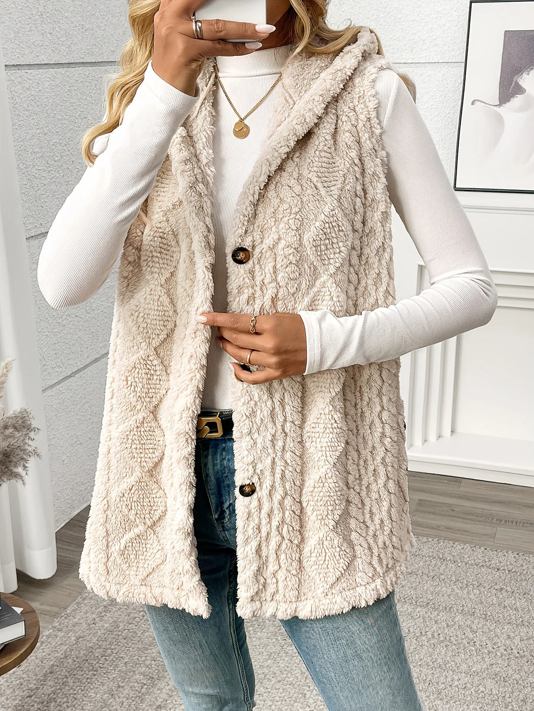 Damen Strick Kapuzen Fleece Jacke | Ärmellos