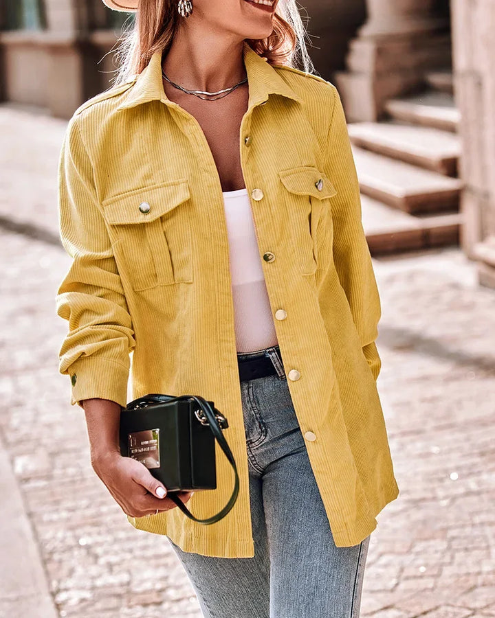 Damen Lange Cord Jacke mit Knopfleiste | Vordertaschen