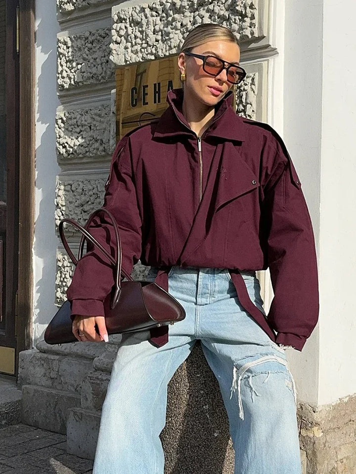 Damen- Kurze jacke in Uni-Farbe |  Hoher Kragen