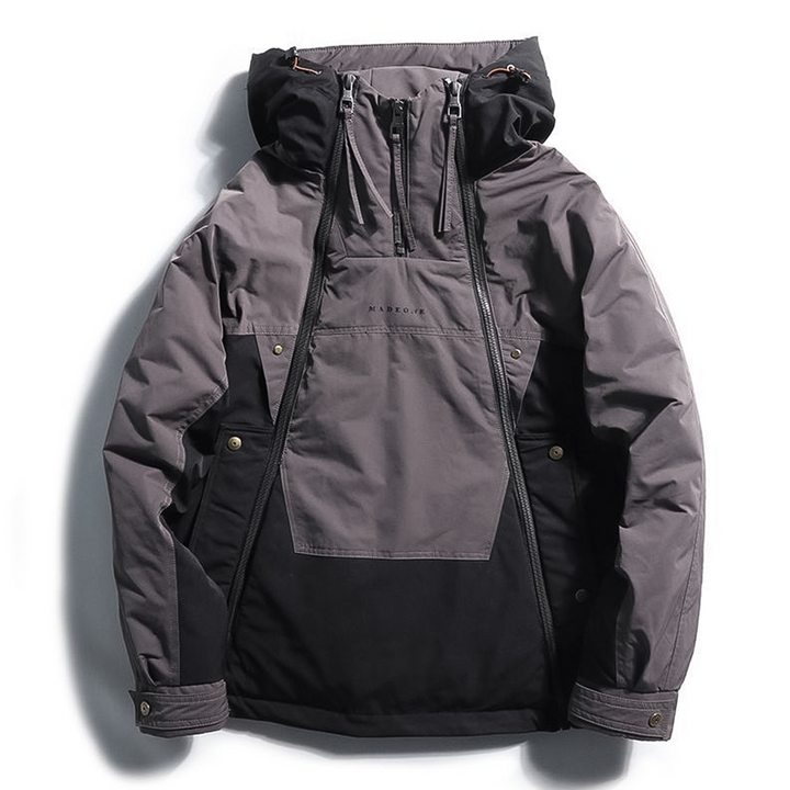 Herrenjacke mit doppeltem Reißverschluss und Stehkragen | Kapuze