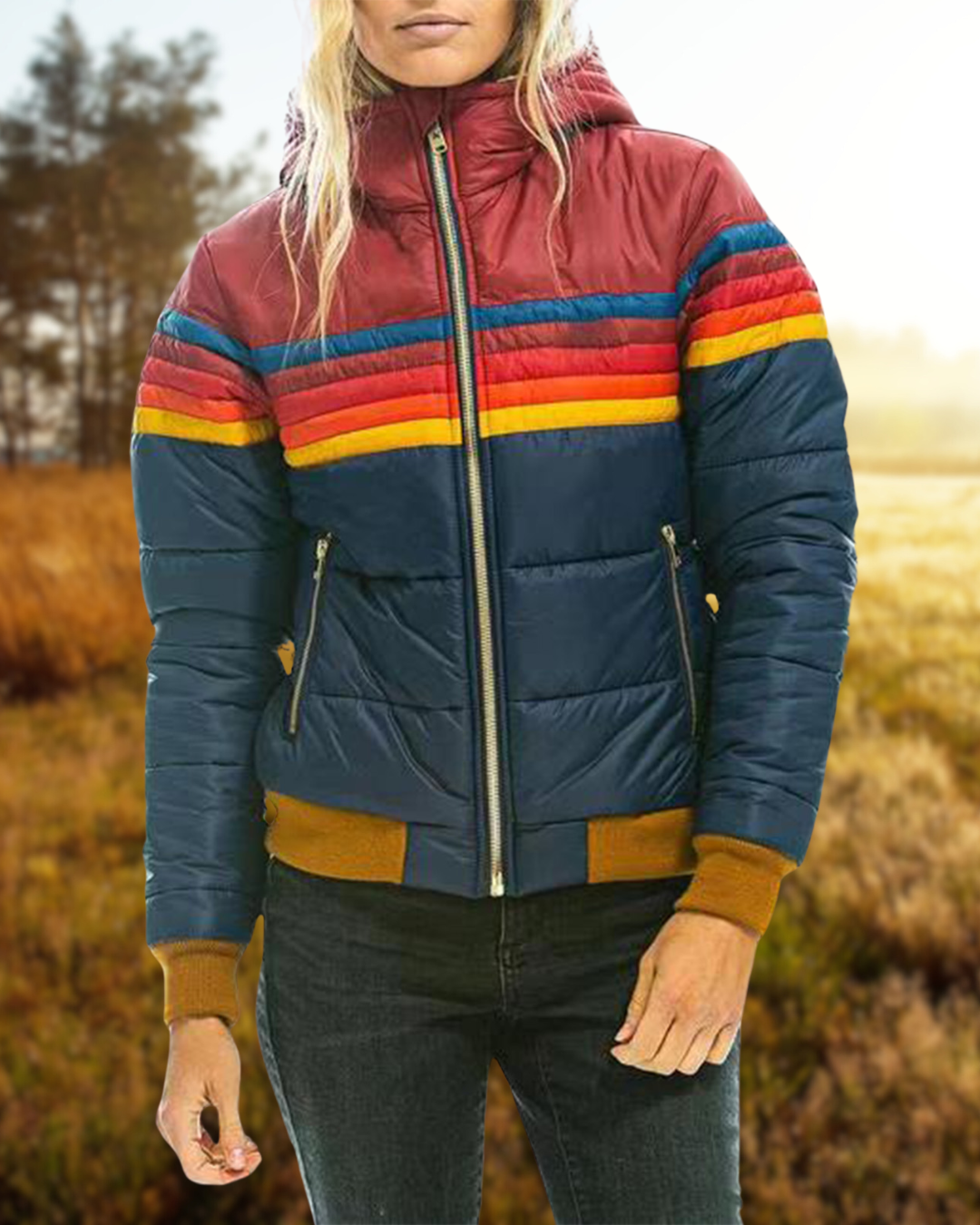 Gestreifte Winterjacke mit Kapuze für Damen | Modisch