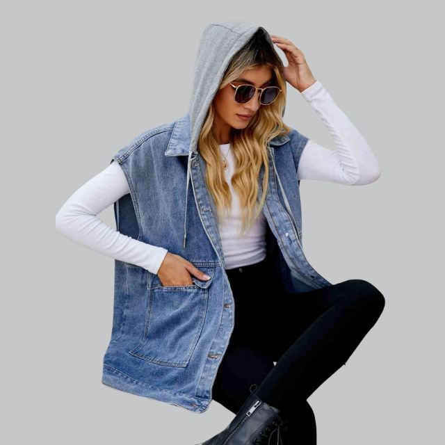 Damen Lange Ärmellos Jeansweste | Kapuze