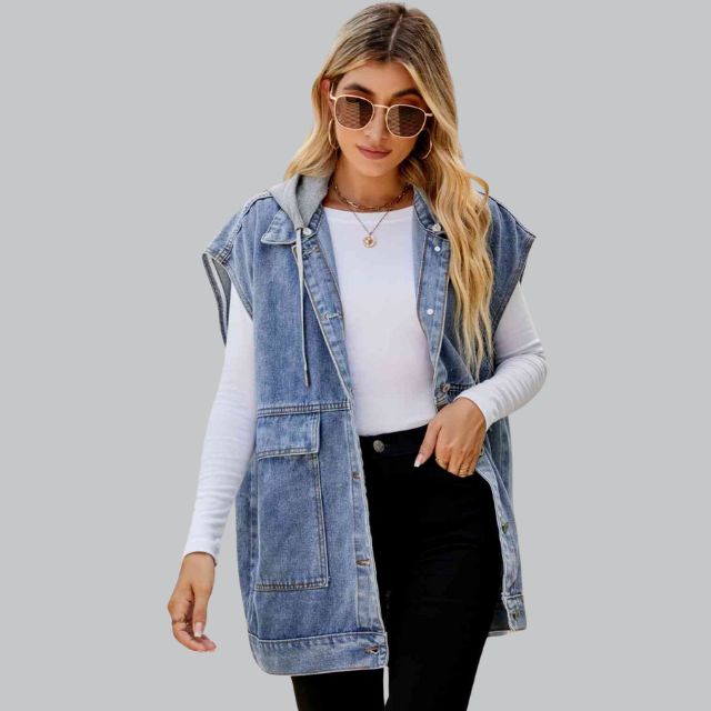 Damen Lange Ärmellos Jeansweste | Kapuze