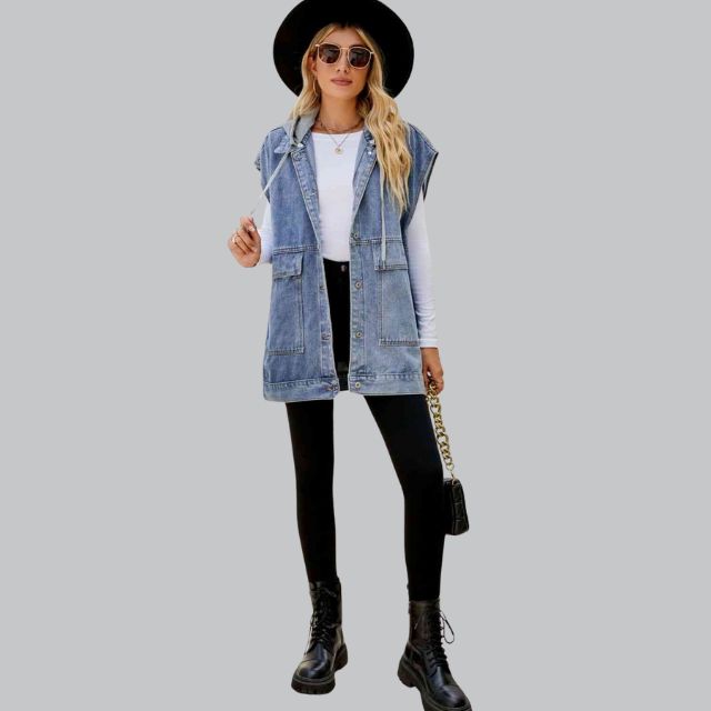 Damen Lange Ärmellos Jeansweste | Kapuze