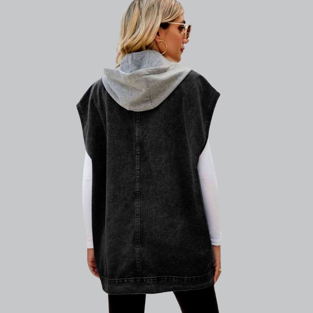 Damen Lange Ärmellos Jeansweste | Kapuze