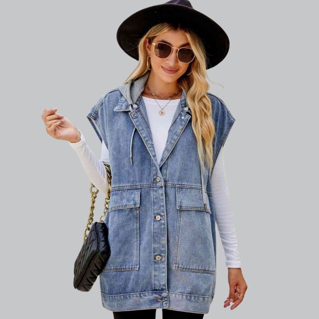 Damen Lange Ärmellos Jeansweste | Kapuze