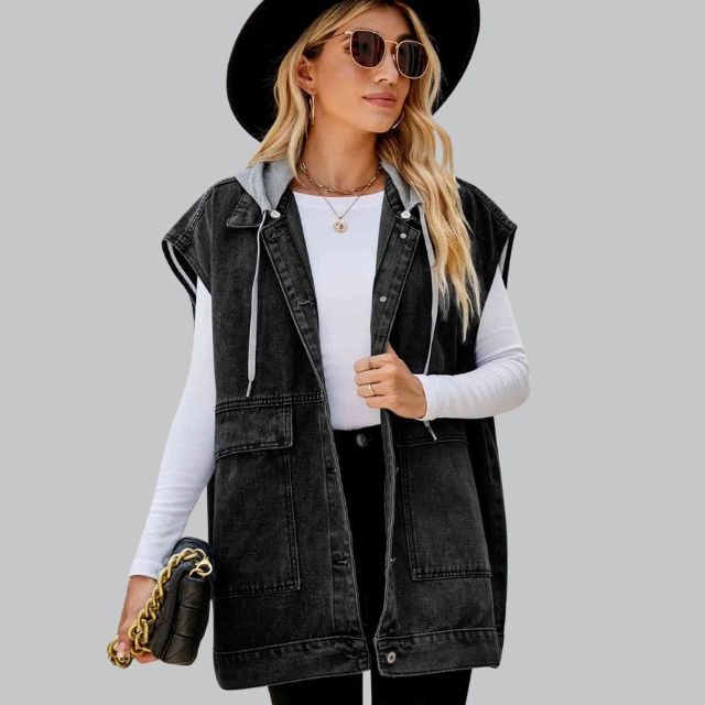 Damen Lange Ärmellos Jeansweste | Kapuze