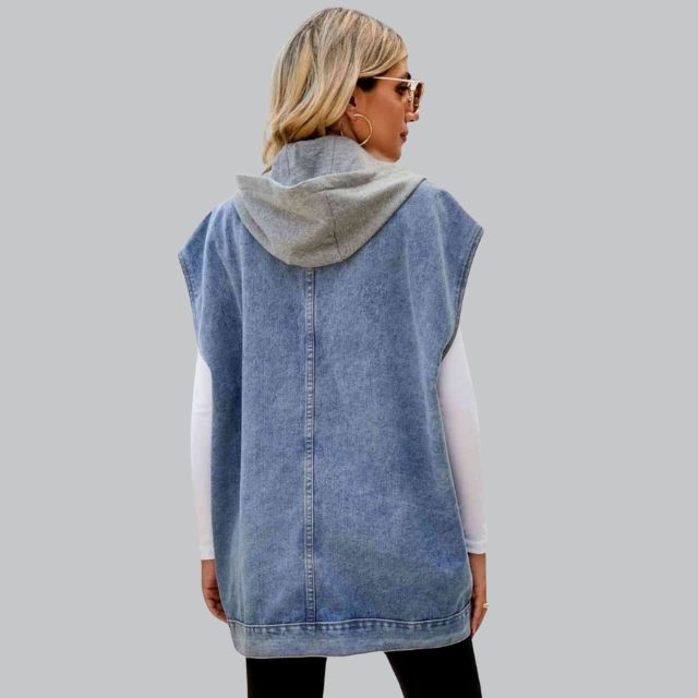 Damen Lange Ärmellos Jeansweste | Kapuze