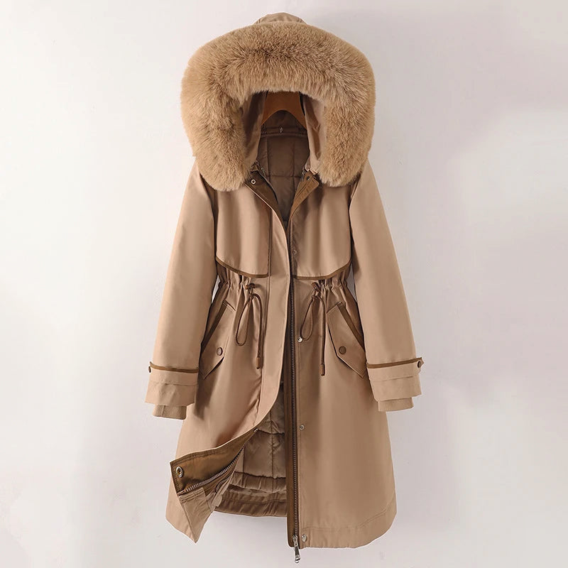 Lange Winter Steppjacke mit Kapuze für Damen | Warme