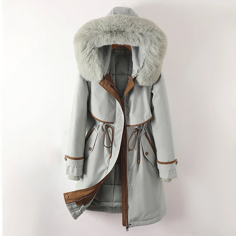 Lange Winter Steppjacke mit Kapuze für Damen | Warme