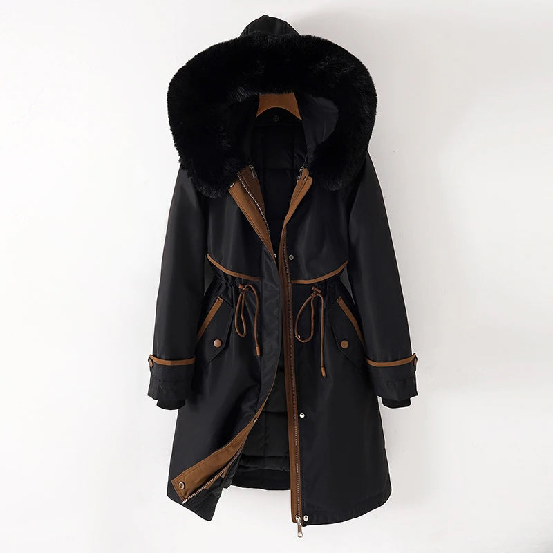 Lange Winter Steppjacke mit Kapuze für Damen | Warme