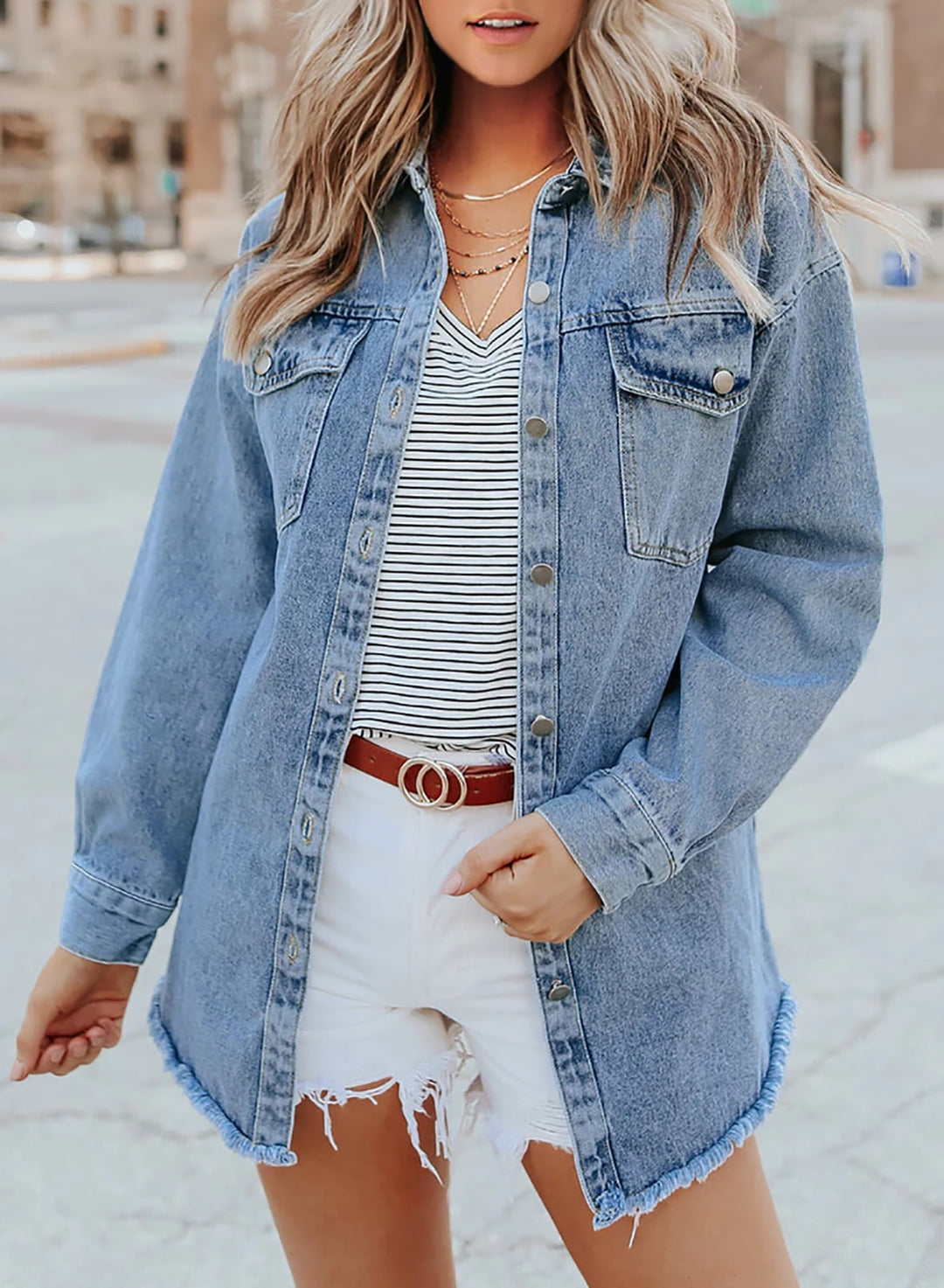 Damen Übergroß Knopf Daunen Jeansjacke | Lange