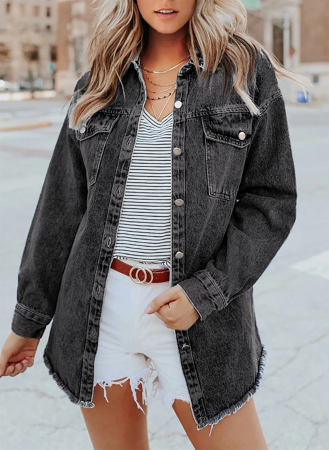 Damen Übergroß Knopf Daunen Jeansjacke | Lange
