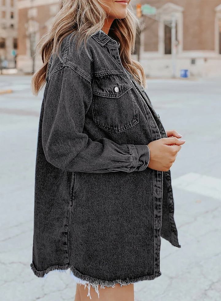 Damen Übergroß Knopf Daunen Jeansjacke | Lange