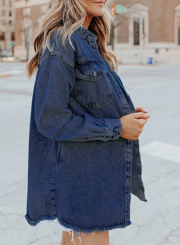 Damen Übergroß Knopf Daunen Jeansjacke | Lange