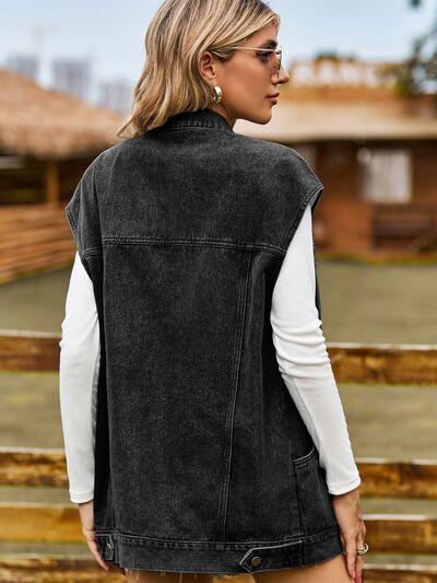 Damen Knopfleiste vorne ärmellose Jeansweste | Lange