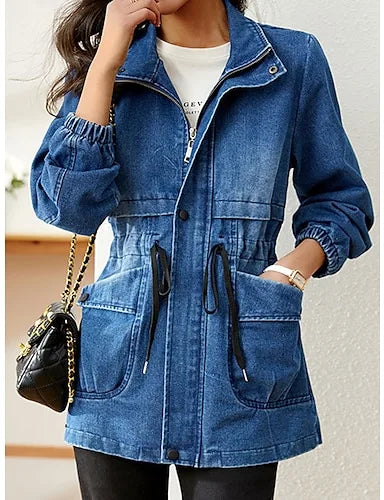 Damen Lange Jeansjacke | Reißverschluss