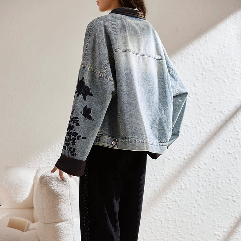 Damen Weinlese Jeansjacke mit Blumenmuster | Moderne