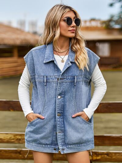 Damen Knopfleiste vorne ärmellose Jeansweste | Lange