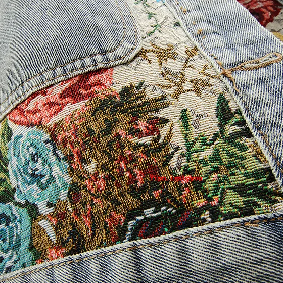 Damen Kurze Knopf Daunen Jeansjacke | Blumenmuster