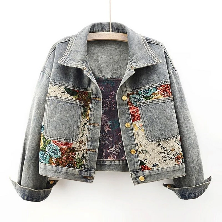 Damen Kurze Knopf Daunen Jeansjacke | Blumenmuster