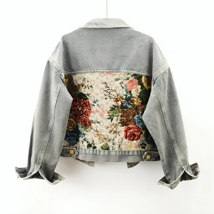 Damen Kurze Knopf Daunen Jeansjacke | Blumenmuster