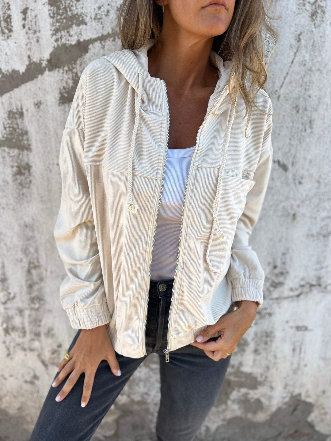 Damen Lässige Kapuzen Cord jacke | Reißverschluss