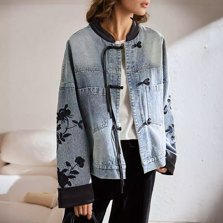Damen Weinlese Jeansjacke mit Blumenmuster | Moderne