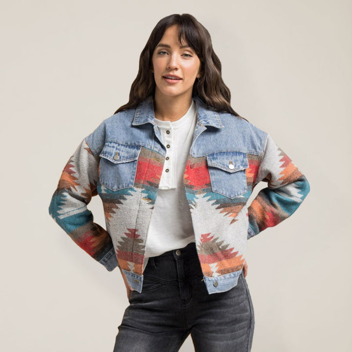 Damen Jeansjacke mit Aztekenmuster | Vordertaschen