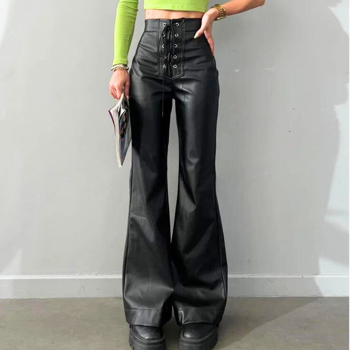 High-waist schlaghose im lederlook mit schnürdetails