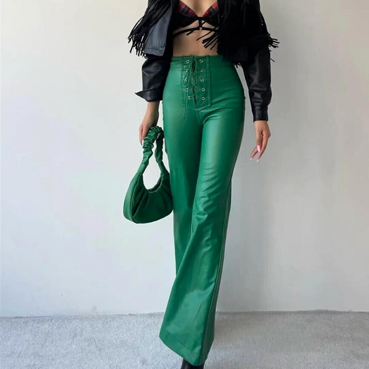 High-waist schlaghose im lederlook mit schnürdetails