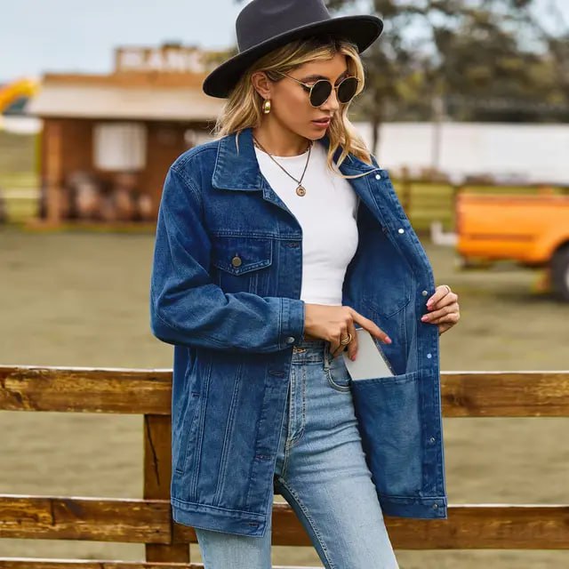Damen Weinlese Lange Jeansjacke | Knopf Daunen