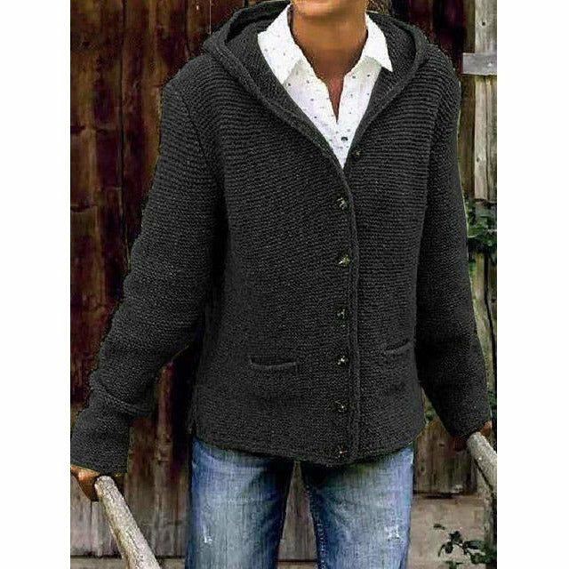 Damen Knopf Daunen Strick Strickjacke | Kapuze