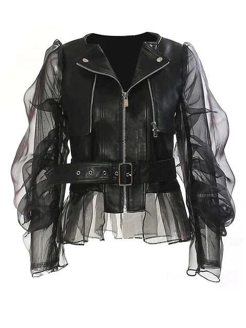 Jacke mit Gürtel und transparenten Puffärmeln für Damen | Stilvoll